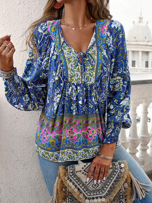 Floral Blouses- Floral Boho-Inspired Blouse with Lantern Sleeves- - Pekosa Women Clothing