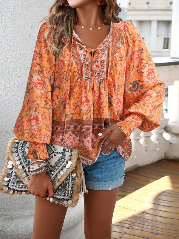 Floral Blouses- Floral Boho-Inspired Blouse with Lantern Sleeves- - Pekosa Women Clothing