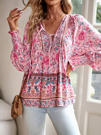 Floral Blouses- Floral Boho-Inspired Blouse with Lantern Sleeves- - Pekosa Women Clothing