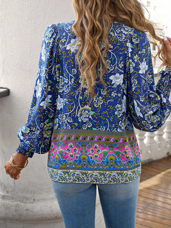 Floral Blouses- Floral Boho-Inspired Blouse with Lantern Sleeves- - Pekosa Women Clothing