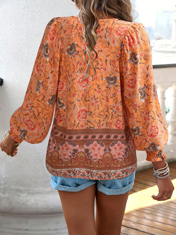 Floral Blouses- Floral Boho-Inspired Blouse with Lantern Sleeves- - Pekosa Women Clothing