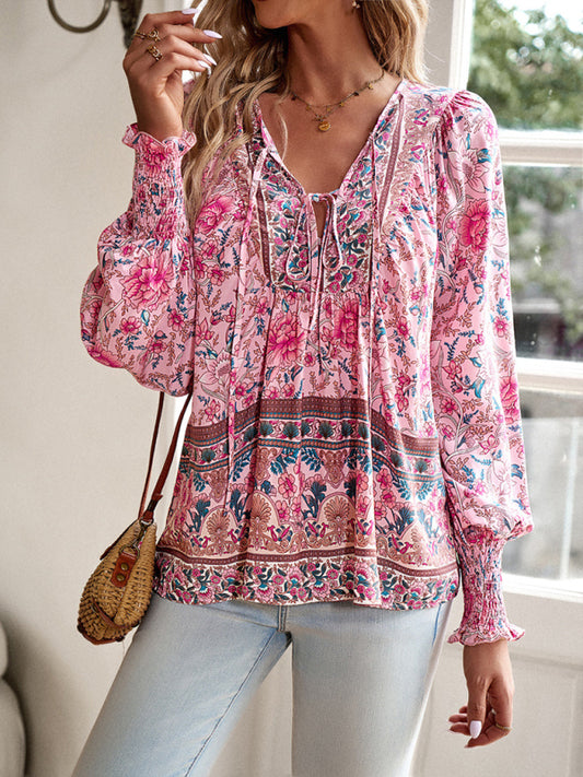 Floral Blouses- Floral Boho-Inspired Blouse with Lantern Sleeves- Pink- Pekosa Women Clothing