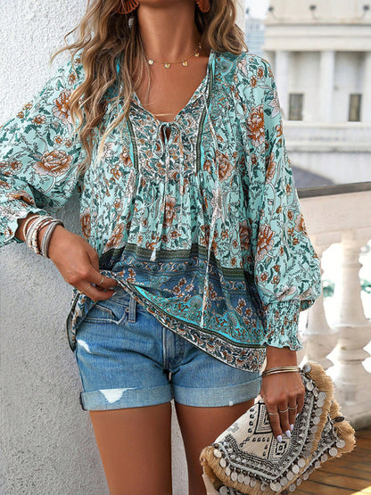 Floral Blouses- Floral Boho-Inspired Blouse with Lantern Sleeves- - Pekosa Women Clothing