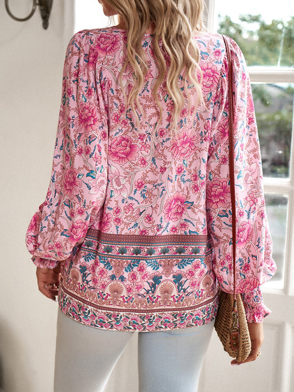 Floral Blouses- Floral Boho-Inspired Blouse with Lantern Sleeves- - Pekosa Women Clothing