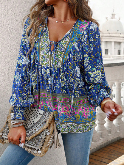 Floral Blouses- Floral Boho-Inspired Blouse with Lantern Sleeves- Champlain color- Pekosa Women Clothing