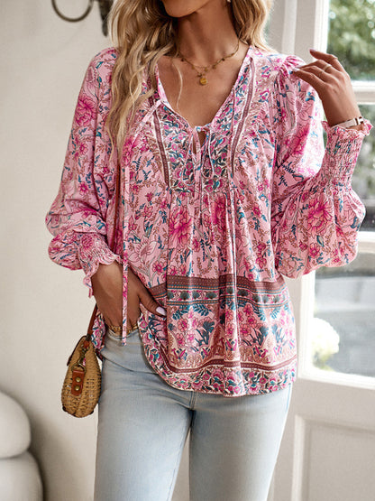 Floral Blouses- Floral Boho-Inspired Blouse with Lantern Sleeves- - Pekosa Women Clothing