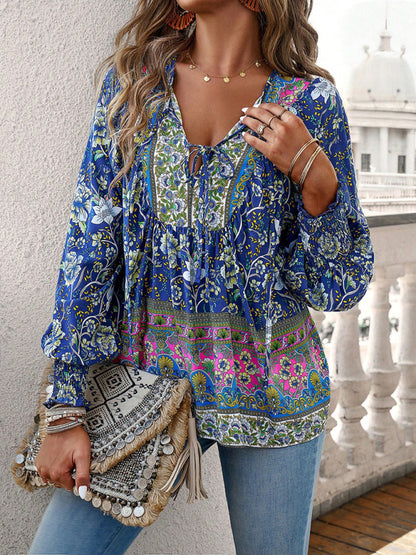 Floral Blouses- Floral Boho-Inspired Blouse with Lantern Sleeves- - Pekosa Women Clothing