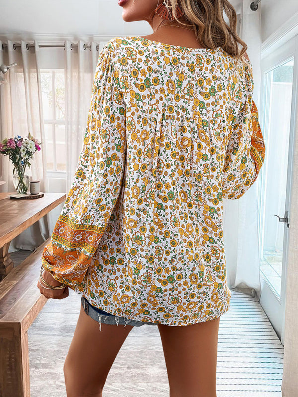 Floral Blouses- Spring Blossom Blouse | Tie-Front Long Sleeve Top- - Pekosa Women Clothing