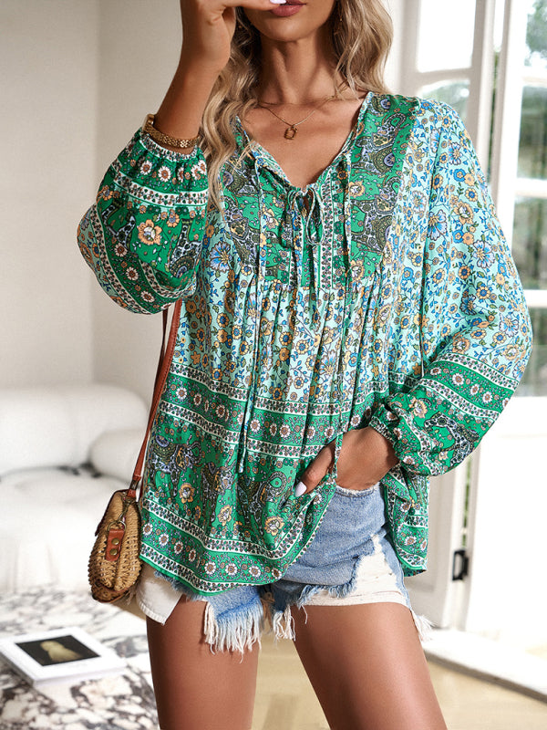 Floral Blouses- Spring Blossom Blouse | Tie-Front Long Sleeve Top- - Pekosa Women Clothing