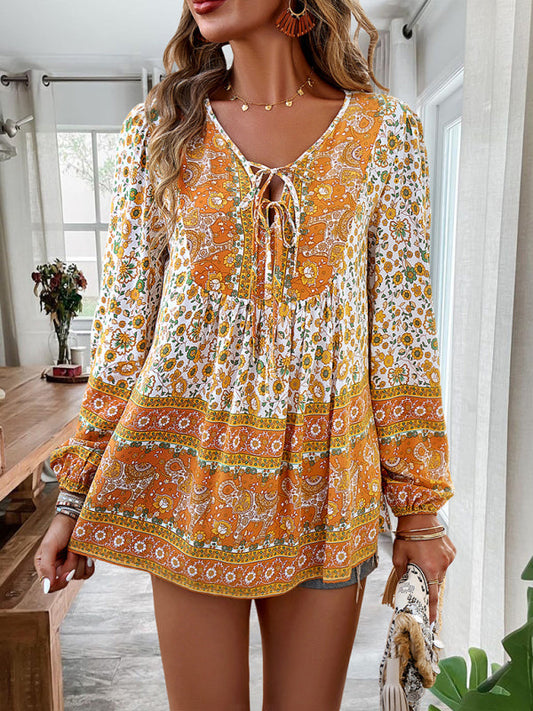 Floral Blouses- Spring Blossom Blouse | Tie-Front Long Sleeve Top- Yellow- Pekosa Women Clothing