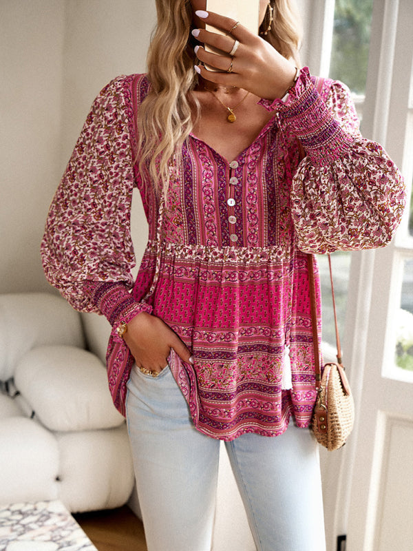 Floral Blouses- Spring Floral Print Flowy Blouse | Long Sleeve Tie-Front Top- - Pekosa Women Clothing