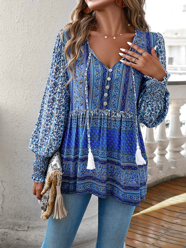 Floral Blouses- Spring Floral Print Flowy Blouse | Long Sleeve Tie-Front Top- Blue- Pekosa Women Clothing