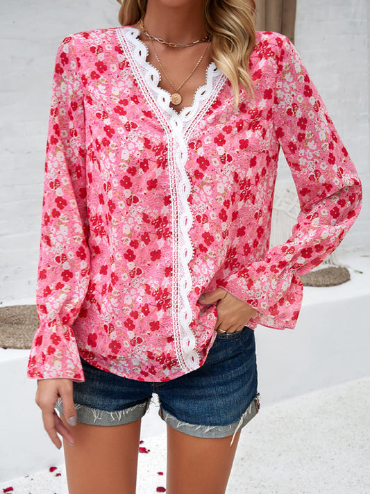 Floral Blouses- V-Neck Blouse - Long Sleeve Floral Top with Delicate Lace Accents- Red- Pekosa Women Clothing