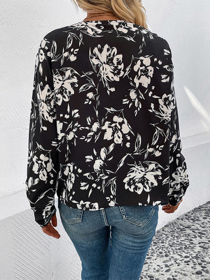 Floral Blouses- V-Neck Blouse with Delicate Floral Bishop Sleeves- - Pekosa Women Clothing