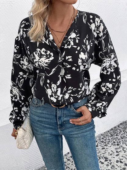 Floral Blouses- V-Neck Blouse with Delicate Floral Bishop Sleeves- - Pekosa Women Clothing