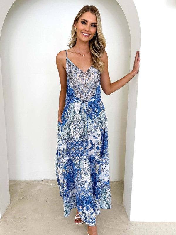 Floral Cami Dress- Elegant Summer Floral Print A-Line Cami Maxi Dress- - Pekosa Women Clothing