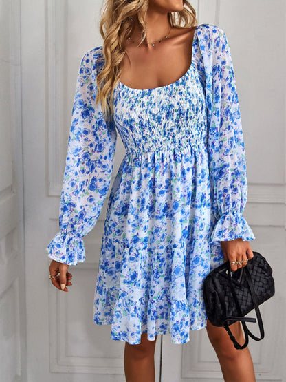 Floral Dresses- Autumn Floral Dress with Lantern Sleeves, Elastic Bodice, Tiered Skirt- Blue- Pekosa Women Clothing