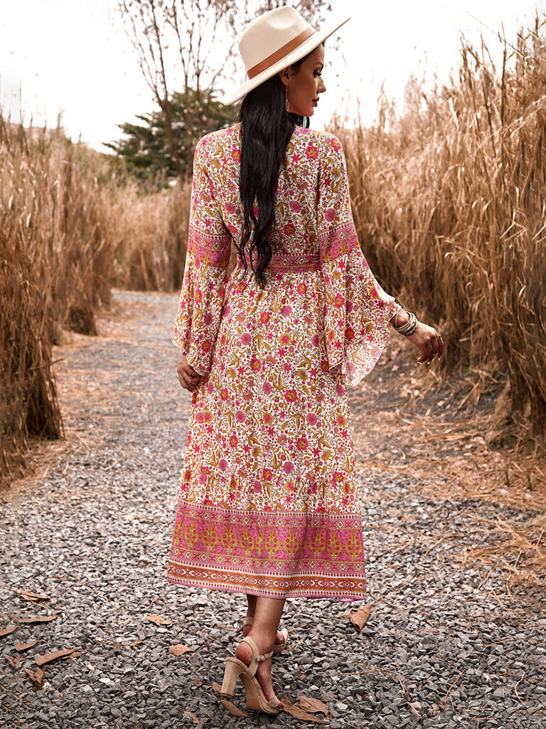 Floral Dresses- Autumn Floral Faux Wrap Bell Sleeve Waist Tie Midi Dress- - Pekosa Women Clothing