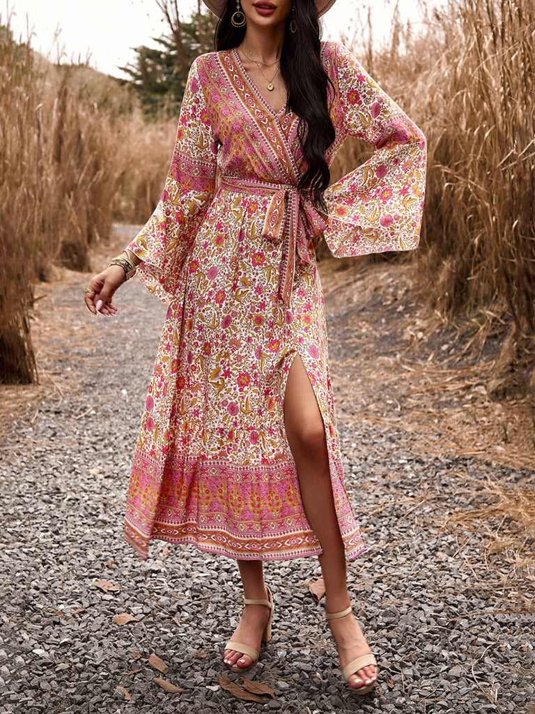 Floral Dresses- Autumn Floral Faux Wrap Bell Sleeve Waist Tie Midi Dress- Pink- Pekosa Women Clothing