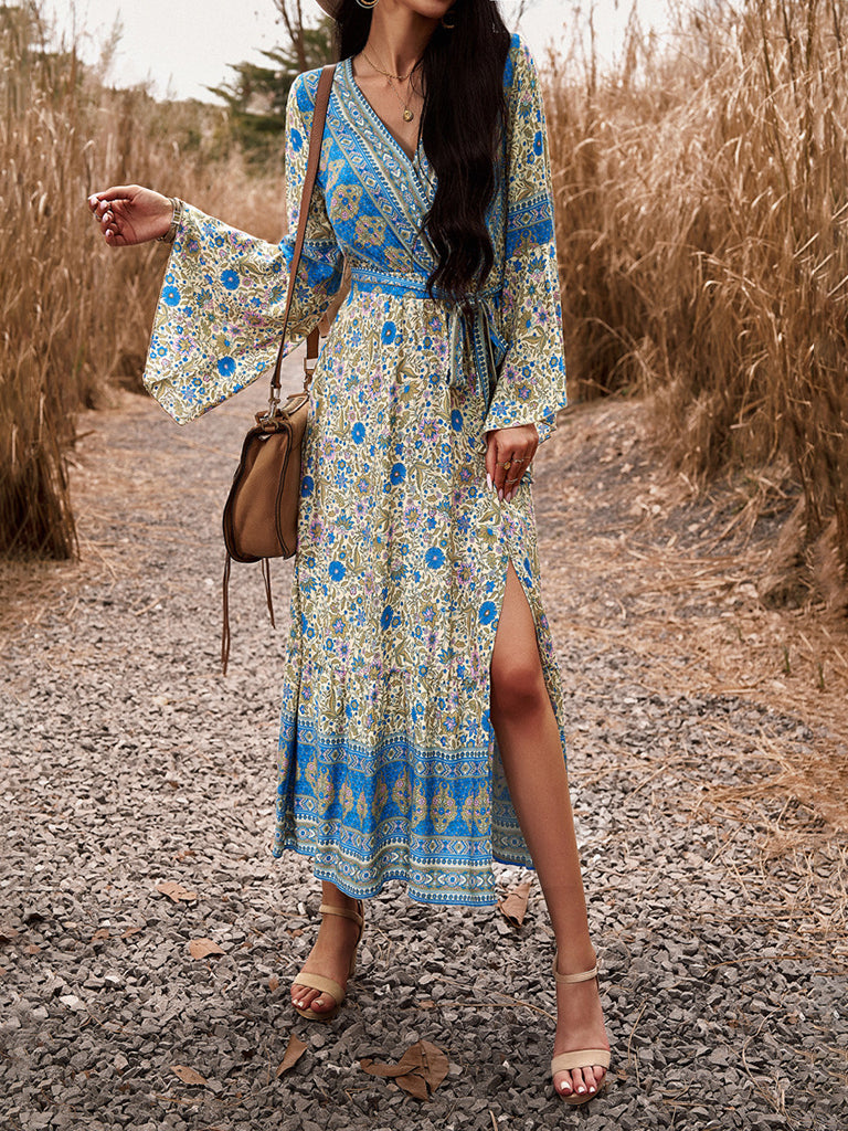 Floral Dresses- Autumn Floral Faux Wrap Bell Sleeve Waist Tie Midi Dress- Blue- Pekosa Women Clothing