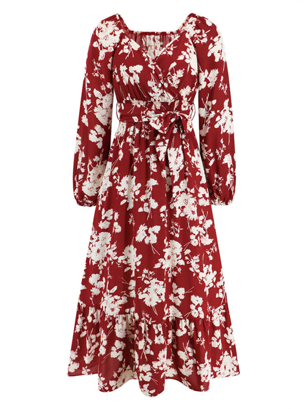 Floral Dresses- Autumn Floral Lantern Sleeve Surplice V-Neck Belt-Tie Midi Dress- - Pekosa Women Clothing