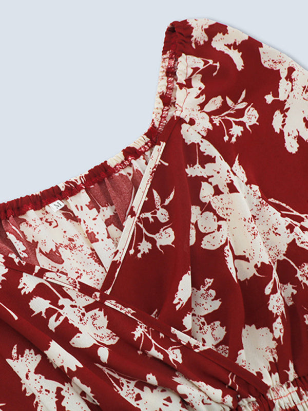 Floral Dresses- Autumn Floral Lantern Sleeve Surplice V-Neck Belt-Tie Midi Dress- - Pekosa Women Clothing