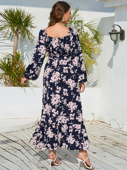 Floral Dresses- Autumn Floral Lantern Sleeve Surplice V-Neck Belt-Tie Midi Dress- - Pekosa Women Clothing