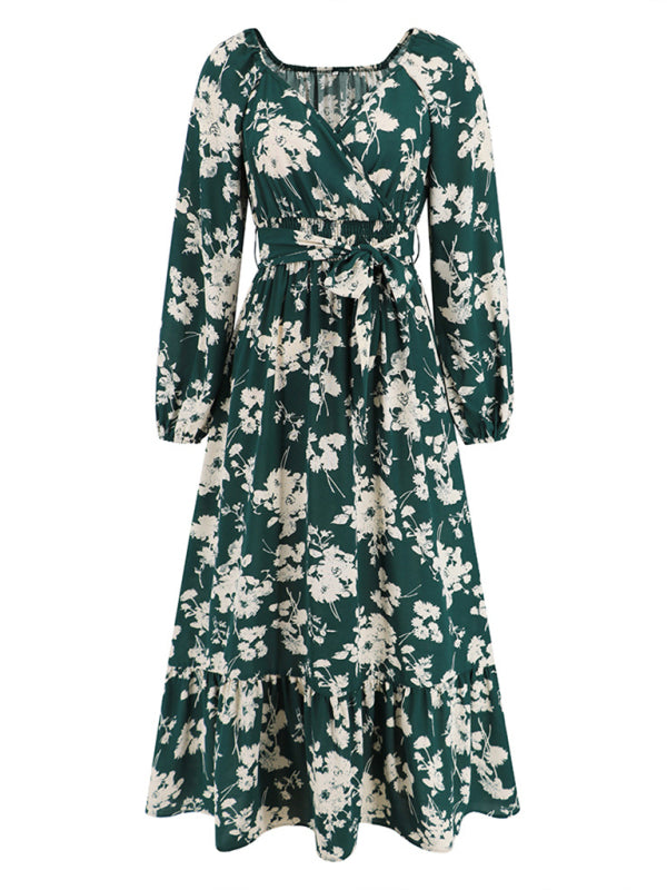 Floral Dresses- Autumn Floral Lantern Sleeve Surplice V-Neck Belt-Tie Midi Dress- - Pekosa Women Clothing