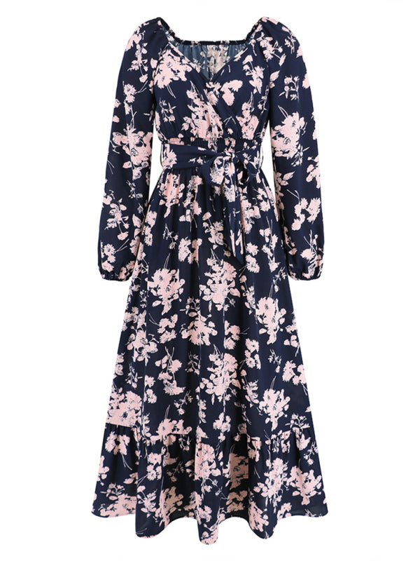 Floral Dresses- Autumn Floral Lantern Sleeve Surplice V-Neck Belt-Tie Midi Dress- - Pekosa Women Clothing