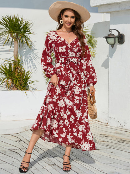 Floral Dresses- Autumn Floral Lantern Sleeve Surplice V-Neck Belt-Tie Midi Dress- Red- Pekosa Women Clothing