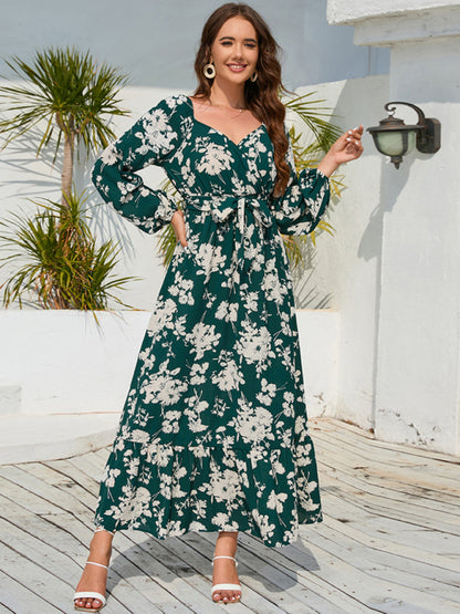 Floral Dresses- Autumn Floral Lantern Sleeve Surplice V-Neck Belt-Tie Midi Dress- Green- Pekosa Women Clothing