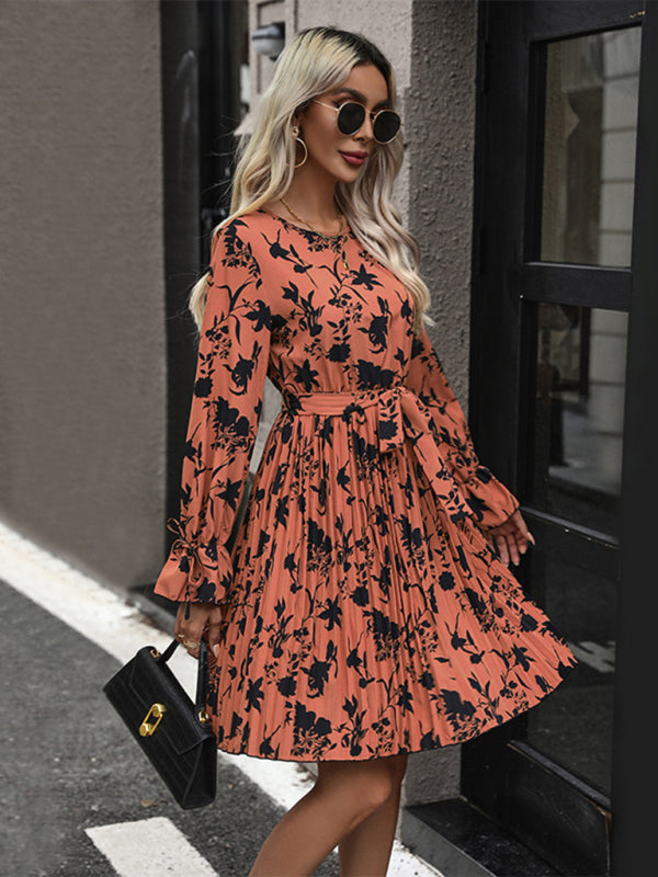 Floral Dresses- Autumn Floral Long Sleeve Belt-Tie Pleated Dress- - Pekosa Women Clothing