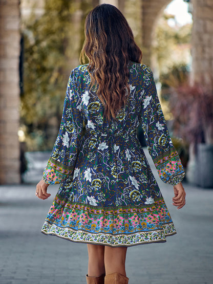 Floral Dresses- Autumn Floral Print A-Line Long Sleeve Mini Dress- - Pekosa Women Clothing