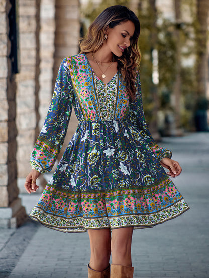 Floral Dresses- Autumn Floral Print A-Line Long Sleeve Mini Dress- - Pekosa Women Clothing