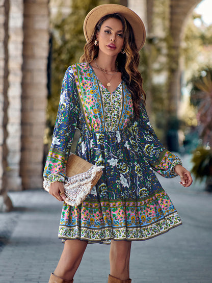 Floral Dresses- Autumn Floral Print A-Line Long Sleeve Mini Dress- Purplish blue navy- Pekosa Women Clothing