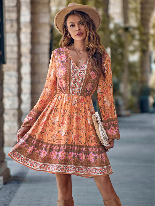 Floral Dresses- Autumn Floral Print A-Line Long Sleeve Mini Dress- Orange- Pekosa Women Clothing