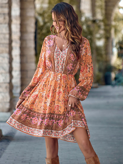 Floral Dresses- Autumn Floral Print A-Line Long Sleeve Mini Dress- - Pekosa Women Clothing