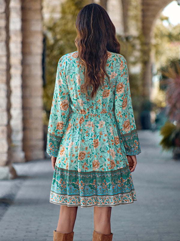 Floral Dresses- Autumn Floral Print A-Line Long Sleeve Mini Dress- - Pekosa Women Clothing