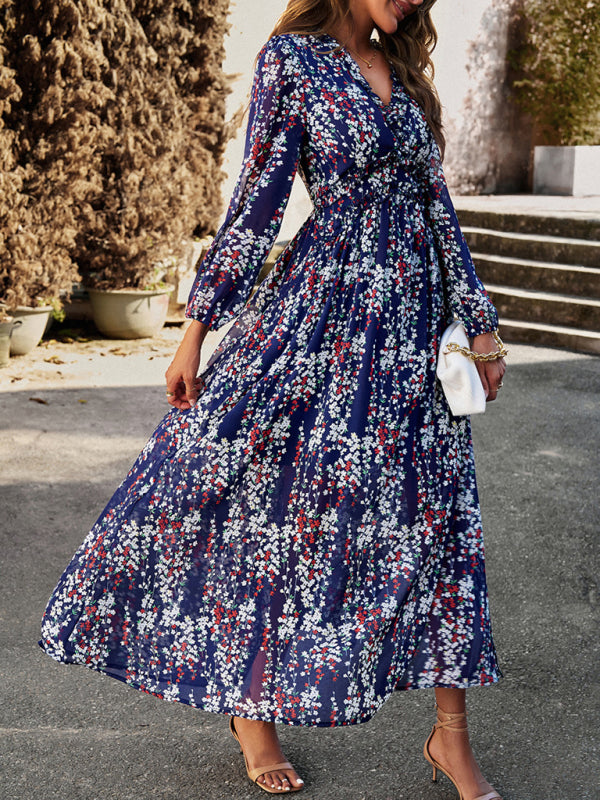 Floral Dresses- Autumn Floral Ruffle Waist V Neck Maxi Dress- - Pekosa Women Clothing