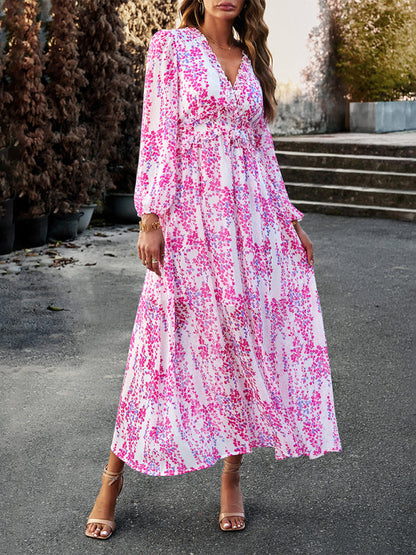 Floral Dresses- Autumn Floral Ruffle Waist V Neck Maxi Dress- Rose- Pekosa Women Clothing