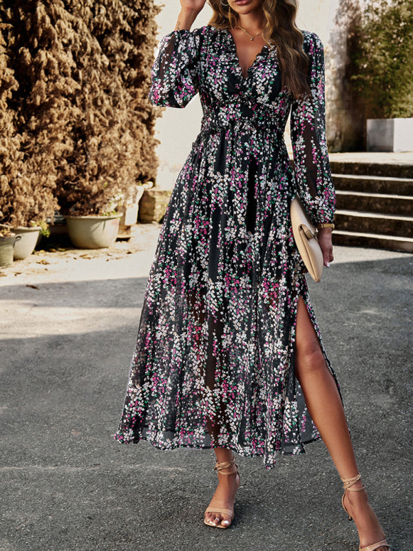 Floral Dresses- Autumn Floral Ruffle Waist V Neck Maxi Dress- Black- Pekosa Women Clothing