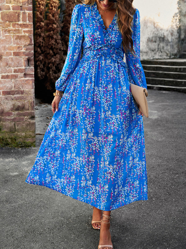 Floral Dresses- Autumn Floral Ruffle Waist V Neck Maxi Dress- Blue- Pekosa Women Clothing