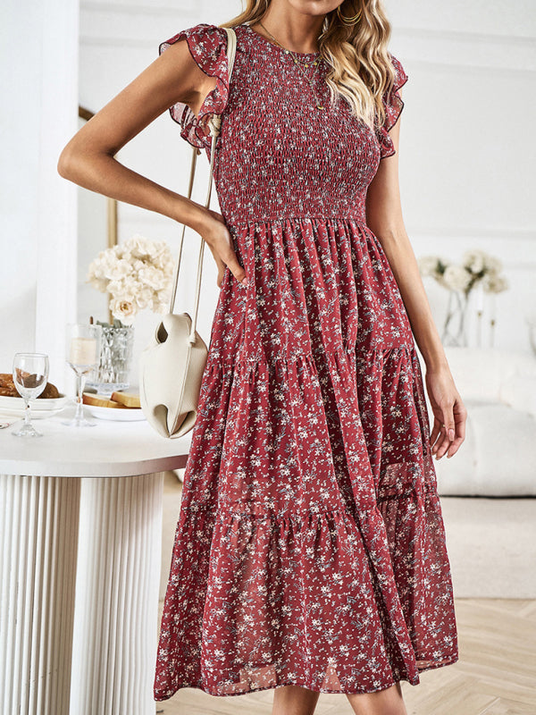 Floral Dresses- Autumn Floral Tiered Ruffle Dress with Adjustable Fit, Keyhole Back- - Pekosa Women Clothing