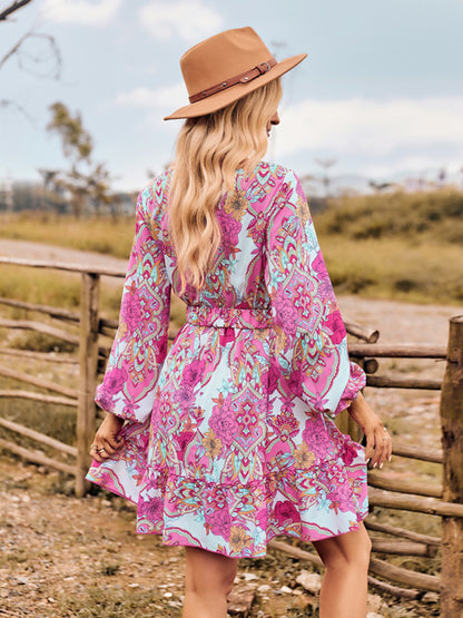 Floral Dresses- Autumn Floral Wrap V-Neck Lantern Sleeve Belted Mini Dress- - Pekosa Women Clothing