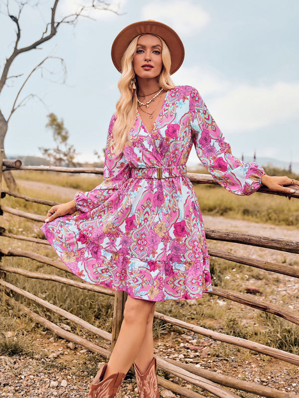 Floral Dresses- Autumn Floral Wrap V-Neck Lantern Sleeve Belted Mini Dress- Pink- Pekosa Women Clothing