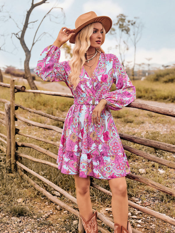 Floral Dresses- Autumn Floral Wrap V-Neck Lantern Sleeve Belted Mini Dress- - Pekosa Women Clothing