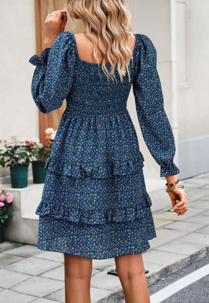 Floral Dresses- Boho Floral Lantern Sleeve Tiered Smocked Swing Dress- - Pekosa Women Clothing