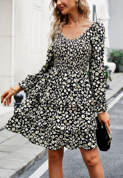 Floral Dresses- Boho Floral Lantern Sleeve Tiered Smocked Swing Dress- - Pekosa Women Clothing