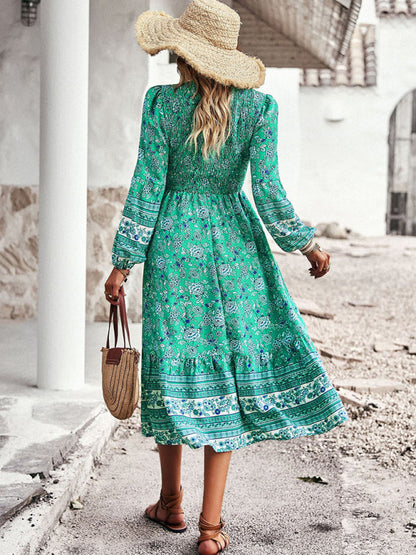 Floral Dresses- Boho Floral Smocked Bodice Midi Dress with Long Sleeves- - Pekosa Women Clothing