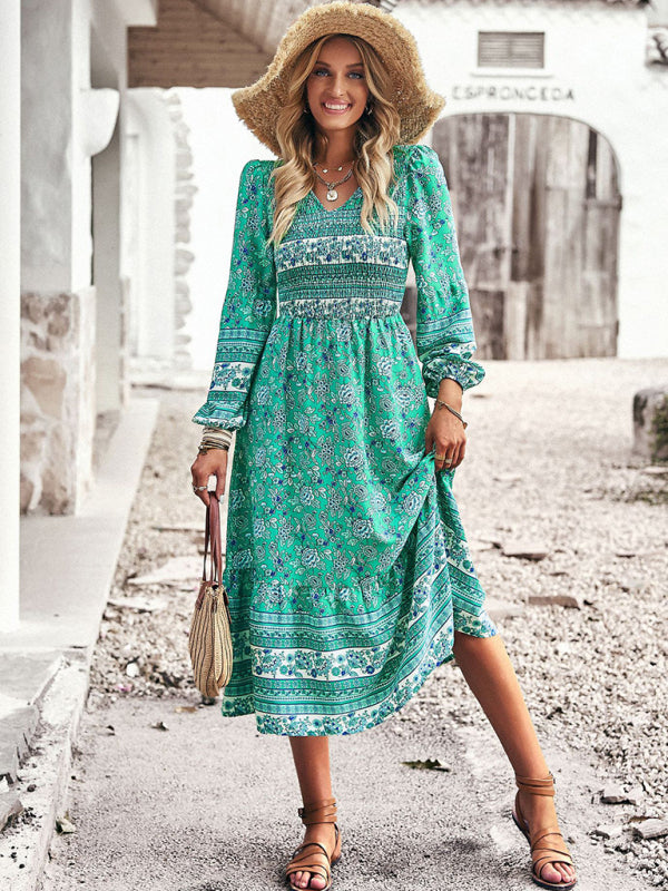 Floral Dresses- Boho Floral Smocked Bodice Midi Dress with Long Sleeves- Green- Pekosa Women Clothing